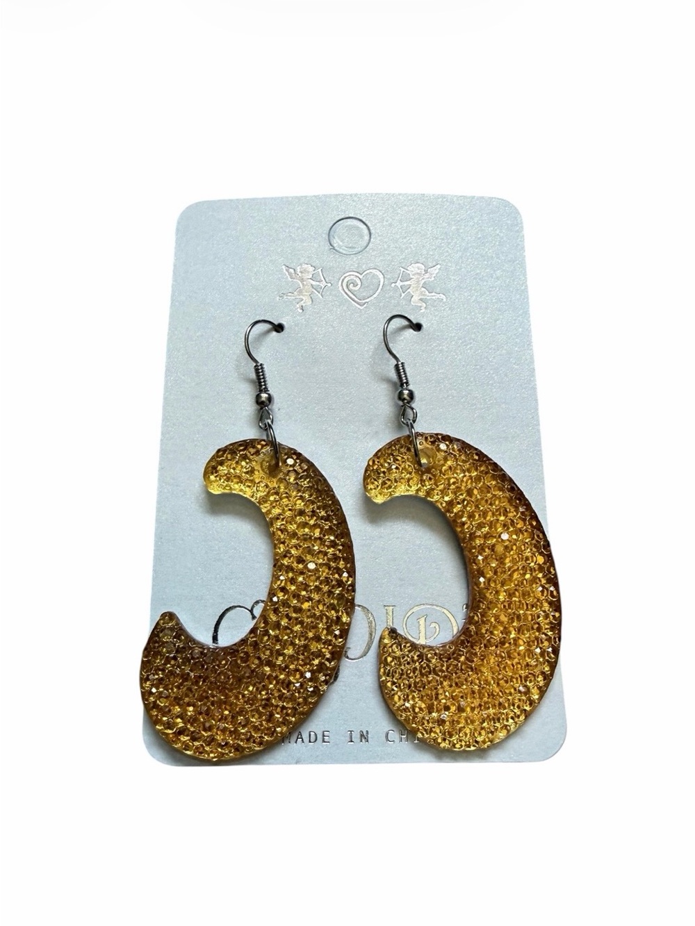 Yellow Pavé Rhinestone Crescent Hoop Dangle Earrings